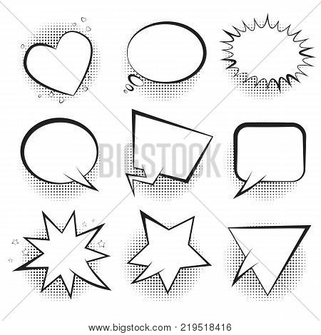 Big set of white empty retro comic speech bubbles with black halftone in pop art style. Black outline message balloons for comics book or advertising text, web design, banners