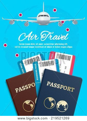 Air travel banner with earth plane passport and tickets. Airplane travel, ticket to plane and passport. Vector illustration
