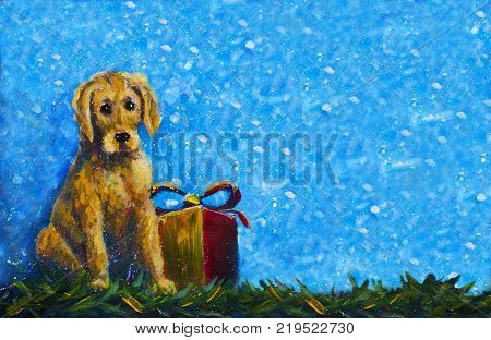 banner Symbol of new year 2018 yellow dog with gift box original painting. Puppy Dog on a blue snowy background banner handpainted original acrylic artwork.