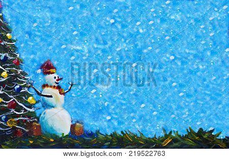 banner Symbol of new year 2018 yellow dog with gift box original painting. Puppy Dog on a blue snowy background banner handpainted original acrylic artwork.