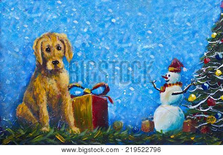 banner Symbol of new year 2018 yellow dog with gift box original painting. Puppy Dog on a blue snowy background banner handpainted original acrylic artwork.