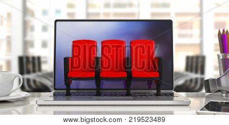 Red theater chairs on computer keyboar blur office background. 3d illustration