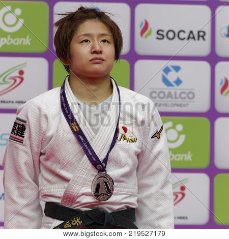 ST. PETERSBURG, RUSSIA - DECEMBER 16, 2017: Tsukasa Yoshida, Japan during award ceremony of Judo World Masters 2017. Yoshida won silver medal in Women U57