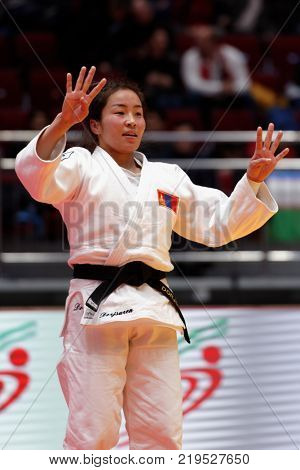 ST. PETERSBURG, RUSSIA - DECEMBER 16, 2017: Sumiya Dorjsuren, Mongolia after the final fight against Tsukasa Yoshida, Japan during Judo World Masters tour. Dorjsuren won gold medal