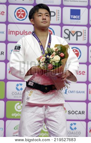 ST. PETERSBURG, RUSSIA - DECEMBER 16, 2017: Soichi Hashimoto, Japan during award ceremony of Judo World Masters 2017. Hashimoto won gold medal in Men U73