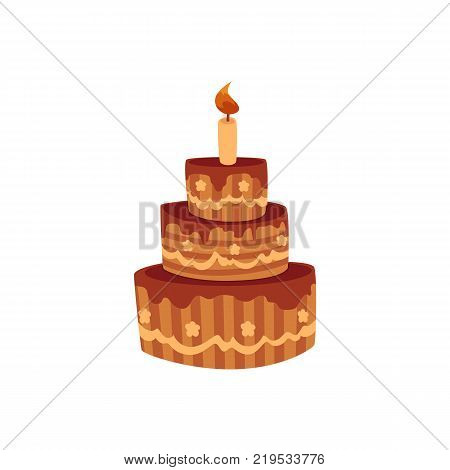 Tier birthday cake with chocolate icing and burning candle, cartoon vector illustration isolated on white background. Chocolate birthday cake with three tiers and one burning candle
