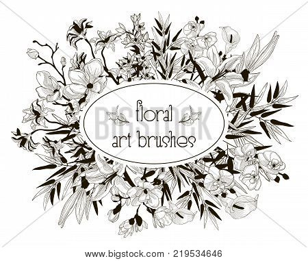 Vector Floral Flexible Art Brushes Collection. Size and Shape Adjustable. Decorative Hand Drawn Flowers and Leaves, Orchid, Cherry Blossom, Bamboo Leaves, Lily, Calla-lily. Vector Illustration
