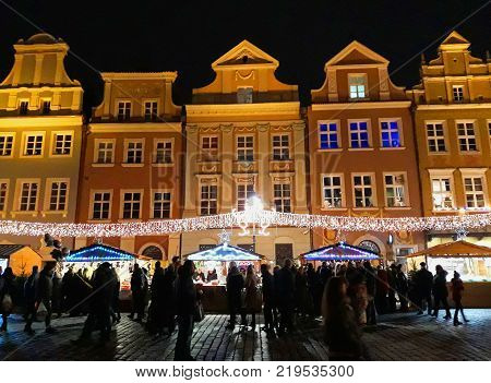 Poznan, Poland - 02 December 2017: Traditional Christmas fair in the evening
