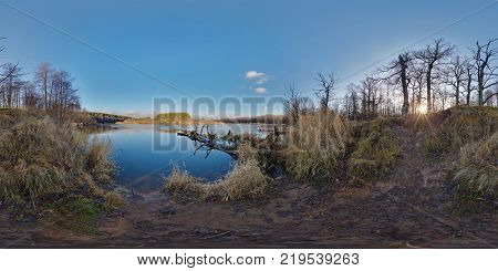 panorama near river in autumn evening. Full 360 degree panorama in equirectangular equidistant spherical projection skybox for VR content