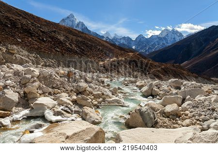 The peak of Mount Ama Dablam seen from Dingboche Village on Everest Highway in Nepal.