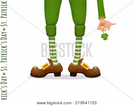 St.Patrick 's Day. Legs of a leprechaun and Patrick's hand with a shamrock clover. Humorous vector illustration for festive design.
