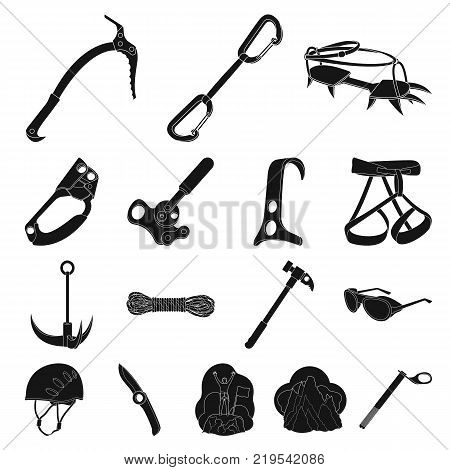 Mountaineering and climbing black icons in set collection for design. Equipment and accessories vector symbol stock  illustration.