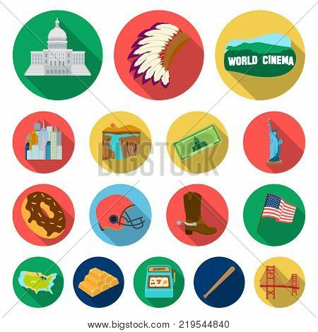 USA country flat icons in set collection for design.Travel and attractions vector symbol stock  illustration.