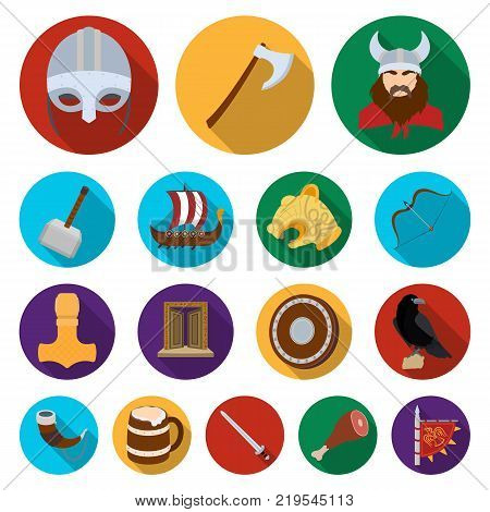 Vikings and attributes flat icons in set collection for design.Old Norse Warrior vector symbol stock  illustration.