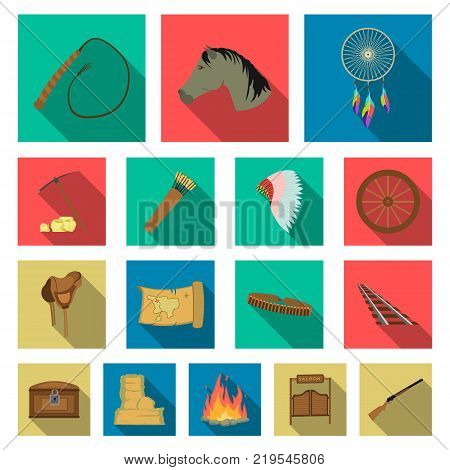 Attributes of the wild west flat icons in set collection for design.Texas and America vector symbol stock  illustration.