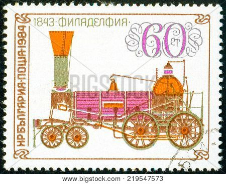Ukraine - circa 2017: A postage stamp printed in Bulgaria shows drawing Locomotive Philadelphia 1843. Series: Old steam locomotives. Circa 1984.
