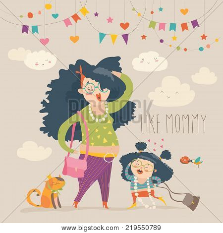 Stylish mother with her daughter. Vector cartoon illystration