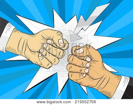Two hands in air bumping together, punching label, fighting gesture, vector illustration
