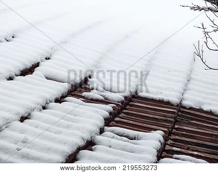 snow falling on the roof in winter, pictures of snow on the roof starting to erim