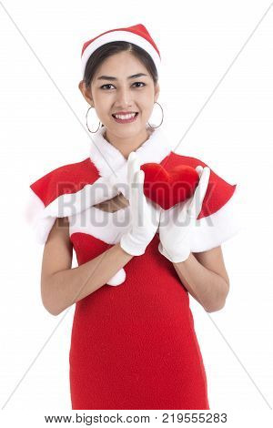 Beautiful Asian Woman With Happy Emotion, Isolated On White, Woman In Santa Claus Concept.
