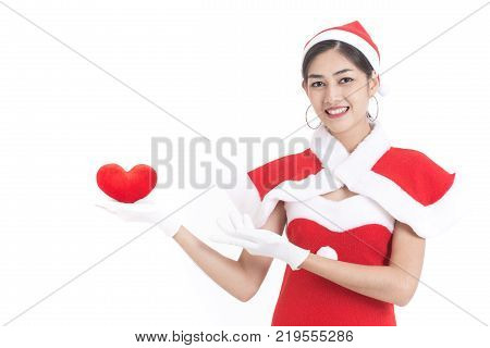 Beautiful Asian Woman With Happy Emotion, Isolated On White, Woman In Santa Claus Concept.