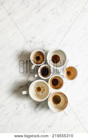 Top view empty and dirty cups of coffee, afterparty concept