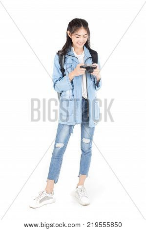 Beautiful Asian Woman Holding Camera With Attractive Smiling, Isolated On White Background.