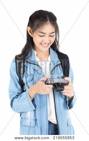 Beautiful Asian Woman Holding Camera With Attractive Smiling, Isolated On White Background.