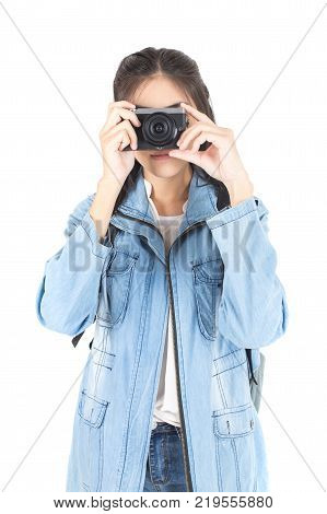 Beautiful Asian Woman Holding Camera With Attractive Smiling, Isolated On White Background.