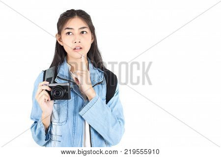 Beautiful Asian Woman Holding Camera With Attractive Smiling, Isolated On White Background.
