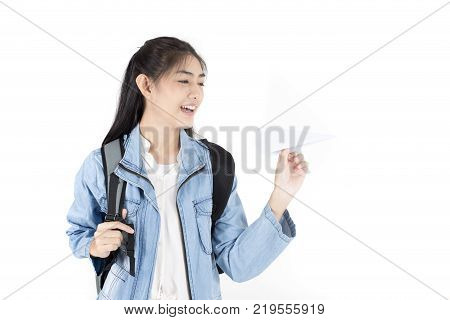 Beautiful Asian Woman Holding Camera With Attractive Smiling, Isolated On White Background.