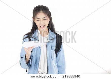 Beautiful Asian Woman Holding Camera With Attractive Smiling, Isolated On White Background.