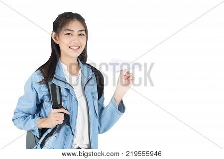 Beautiful Asian Woman Holding Camera With Attractive Smiling, Isolated On White Background.