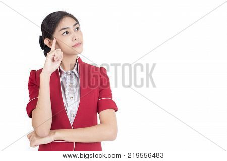 Portrait Of Asian Air Hostess Posing With White Background Woman Stand And Smile At Isolated On Whit