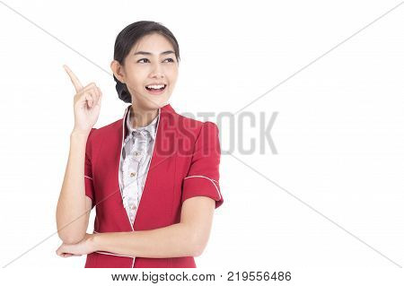 Portrait Of Asian Air Hostess Posing With White Background Woman Stand And Smile At Isolated On Whit