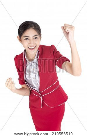 Portrait Of Asian Air Hostess Posing With White Background, Woman Stand And Smile At Isolated On Whi