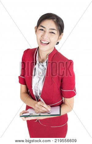 Portrait Of Asian Air Hostess Posing With White Background, Woman Stand And Smile At Isolated On Whi