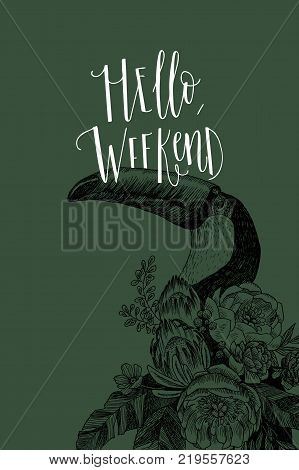 Hand drawing bouquet with tropical bird, palm leaves, peony and tukan. High detailed illustration. Engraving style