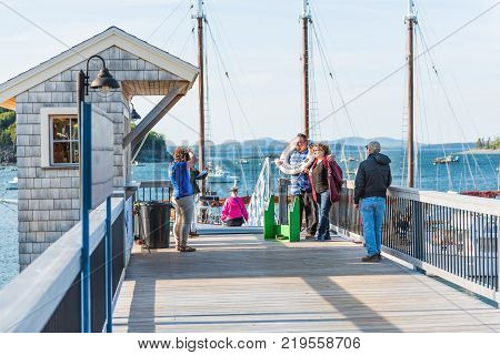 Bar Harbor, Usa - June 8, 2017: Pier With Tour Ship Sail Boat Called Margaret Todd Windjammer And Pe