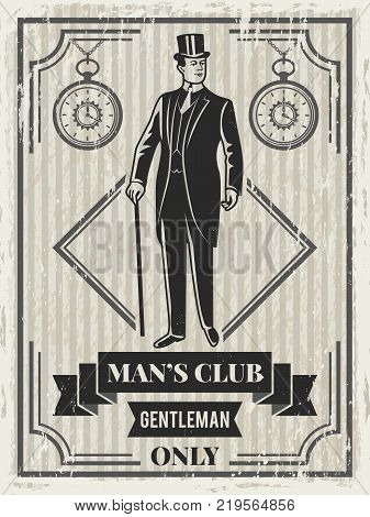 Design template of retro poster for gentleman club. Vector banner victorian man illustration