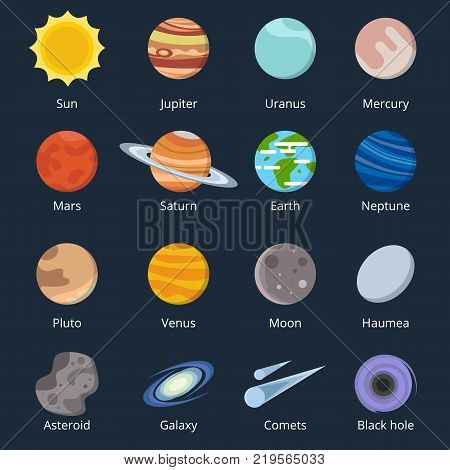 Different planets of solar system. Illustration of space in cartoon style.