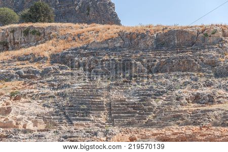 Ancient archaeological architecture Greek amphitheater in city Lindos Rhodes