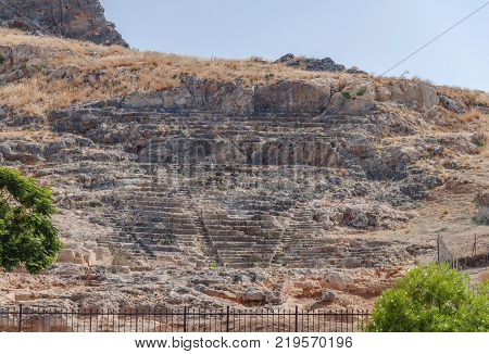 Ancient archaeological architecture Greek amphitheater in city Lindos Rhodes