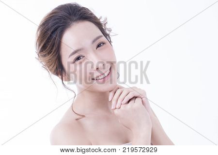 Beautiful Asian Woman Portrait. Beautiful Woman Looking To Camera. Korean Woman Touching Her Face. P