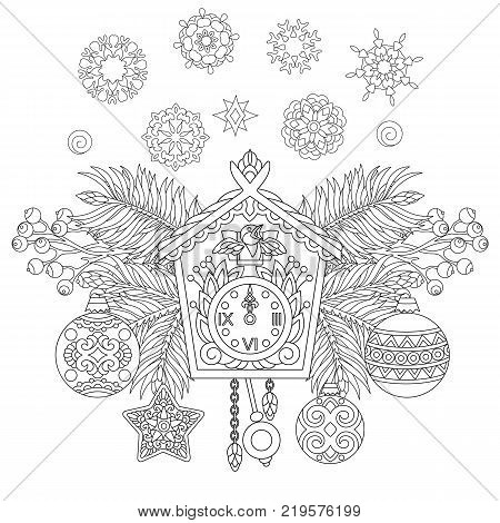 Christmas coloring page. Holiday hanging decorations and fir tree branches around wall cuckoo clock. Freehand sketch drawing for New Year greeting card or adult antistress coloring book.