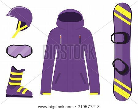 Skiing Equipment, Set. Skis, Ski Poles, Helmet, Glasses, Boots, Jacket. Winter Equipment Icons. Vect