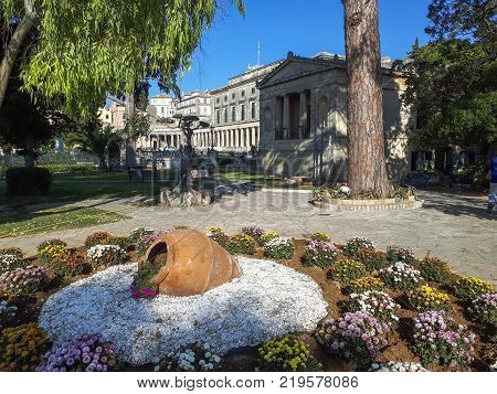 Internal gardens and facade of the palace of San Miguel and San Jorge in the city of Corfu this palace hosts the important and famous exhibition of Asian Art of Greece with eleven thousand pieces