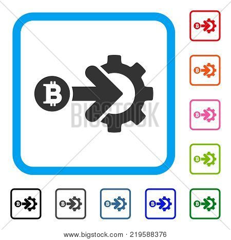 Bitcoin Integration Gear icon. Flat grey pictogram symbol in a blue rounded frame. Black, gray, green, blue, red, orange color additional versions of Bitcoin Integration Gear vector.