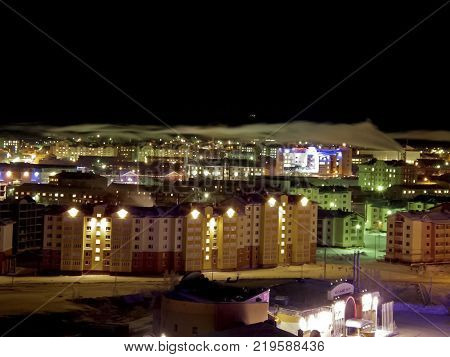 Night Salekhard. Night city in colorful lights. Salekhard is the capital of the Yamal-Nenets Autonomous District.