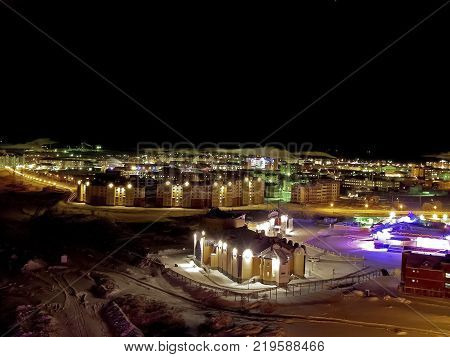 Night Salekhard. Night city in colorful lights. Salekhard is the capital of the Yamal-Nenets Autonomous District.
